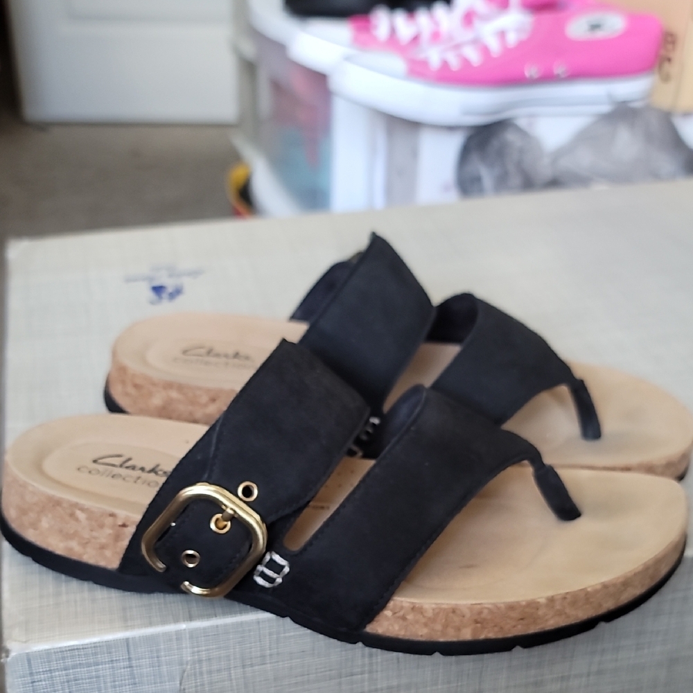 Clarks Black Cork Sole Sandals with Gold Buckles